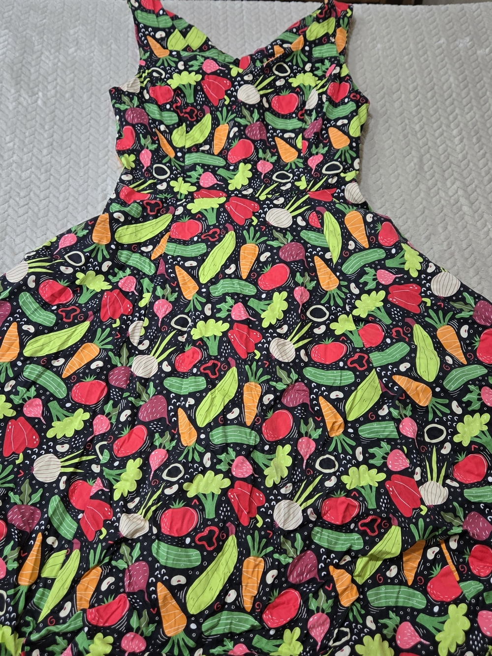 Eva Rose Farm Veggie Print V-Neck Skater Multicolor Dress Womens M Made In USA